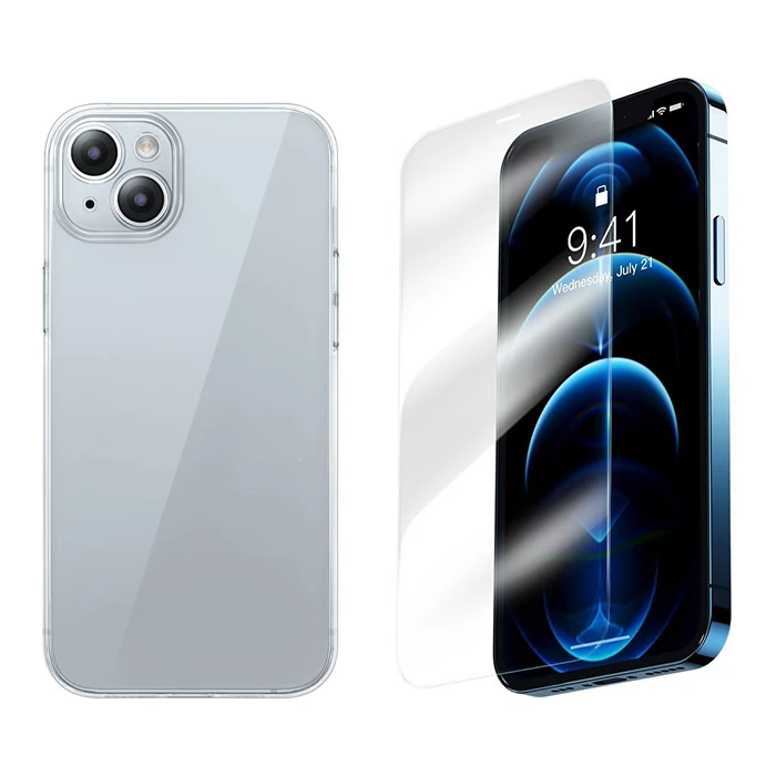 Baseus iPhone 15 Corning Serisi Silikon Kılıf + Tempered Ekran Koruyucu Set-(5775)