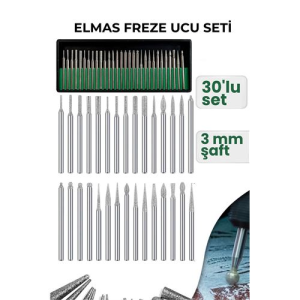 30 Parça Elmas Freze Ucu Seti - 3mm Şaft Profesyonel Gravür Oyma ve Hassas Taşlama Seti