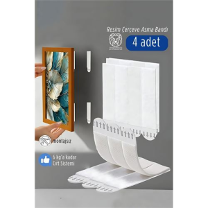 Güçlü Resim Çerçeve Asma Bandı 4'lü Set - 6Kg Taşıma Kapasiteli Duvar Delmeyen Cırt Sistemi