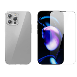 Baseus iPhone 15 Pro Max Schott Serisi Şeffaf Silikon Kılıf + Tempered Ekran Koruyucu Set-(5775)