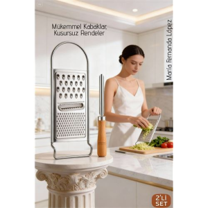 Paslanmaz Çelik El Rendesi ve Ahşap Saplı Kabak Oyacağı - 2'li Profesyonel Mutfak Hazırlık Seti