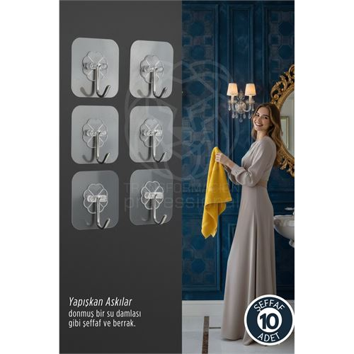 10'lu Şeffaf Yapışkanlı Askı Mutfak Banyo Duvar Askısı Çivisiz Pratik Kanca Seti