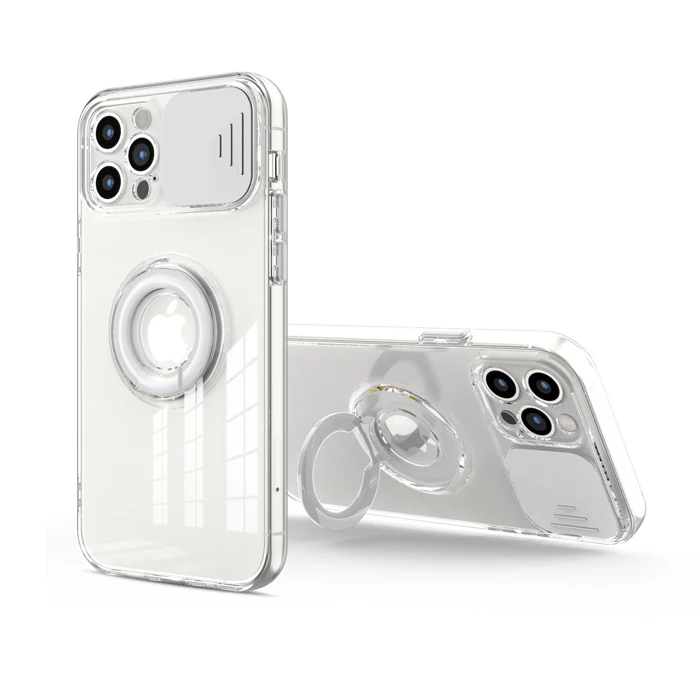 Ally iPhone 13 Pro Max 6.7inç Kılıf Sürgülü Kamera Lens Korumalı Yüzük Standlı Silikon Kılıf-(5775)