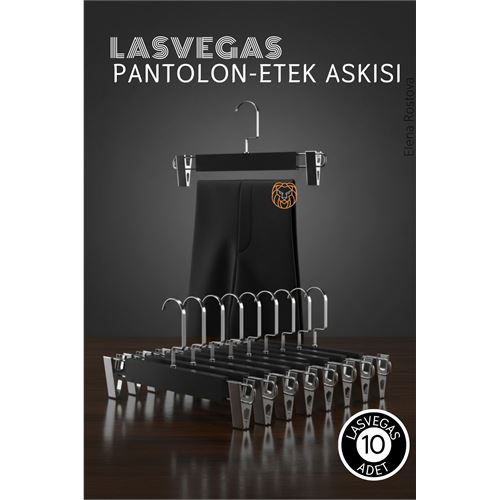 LasVegas Siyah Ahşap Pantolon ve Etek Askı Seti 10'lu Set Lüks Amerikan Kancalı