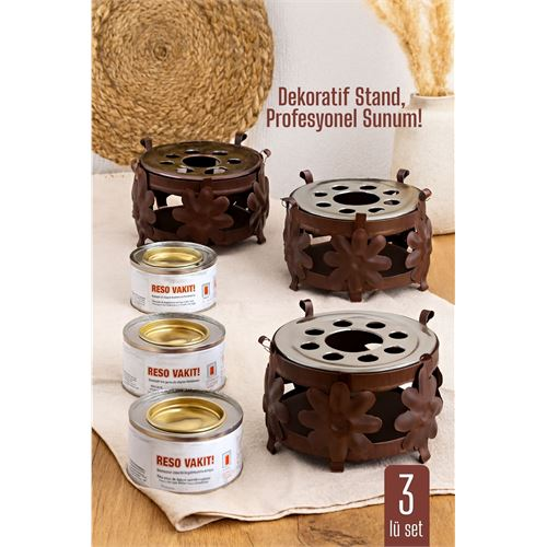 HSNET 3 lü SET Dekoratif Metal Osmanlı Ocağı ve Reşo Yakıtı – Isıtmalı Sunum İçin Güvenli ve Şık Çözüm