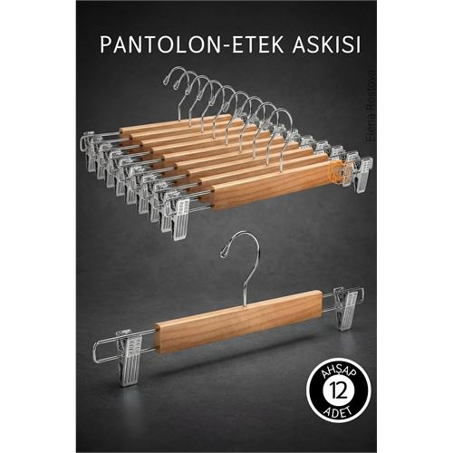 12 Adet Ahşap Pantolon Etek Askısı - Ayarlanabilir Gümüş Mandallı 36cm Organizer Set