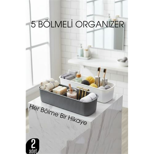 5 Bölmeli Banyo ve Makyaj Organizer Kutusu Gri & Beyaz 2’li Set Tezgah Üstü Düzenleyici