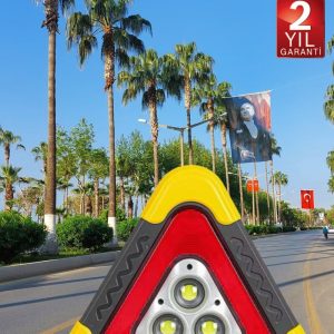 Reflektör Güneş Panelli Solarlı Şarjlı Üçgen Işıklı Trafik Reflektör Fener