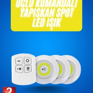 Yapışkanlı 3'lü Spot Led Işık Lamba Montajsız Pilli Uzaktan Kumandalı