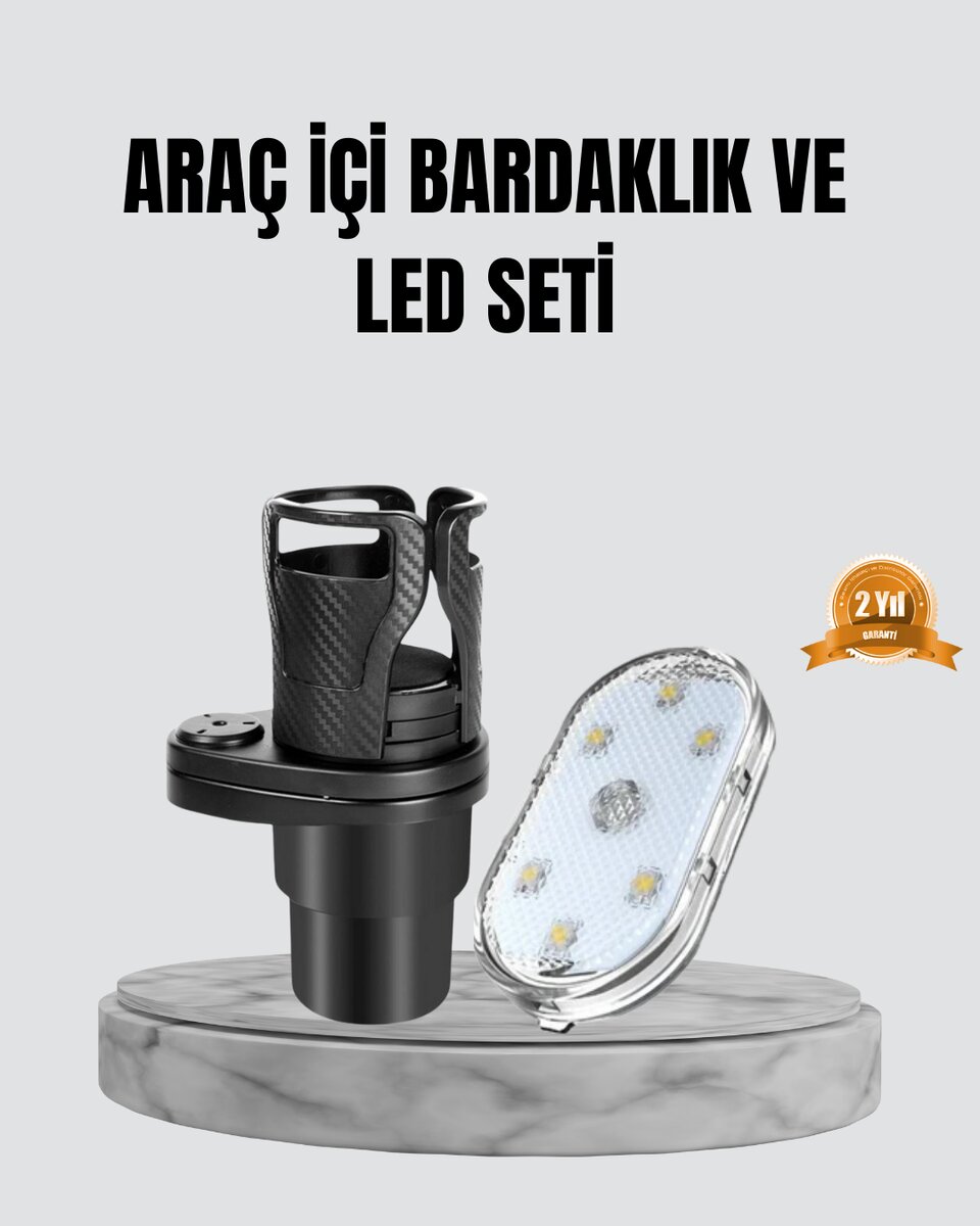 360° Döner Çiftli Bardak Tutucu ve Kablosuz Ambiyans LED Işık Araç Seti