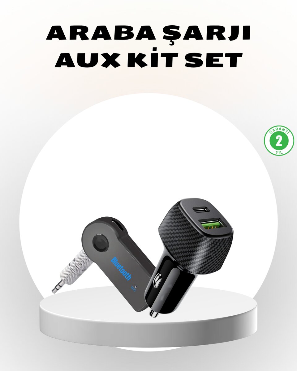 Bluetooth AUX Çevirici ve PD Destekli Araç Şarj Cihazı 2’li Set