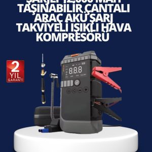 Şarjlı 12000 mAh Araç Akü Takviye ve Hava Kompresörü 4’ü 1 Arada