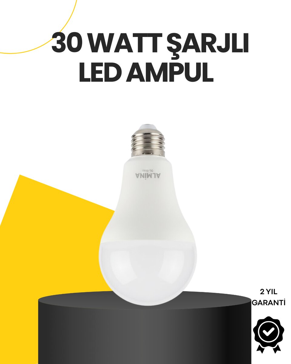 Yüksek Işık Güçlü Şarjlı LED Ampul E27 30W Enerji Tasarruflu
