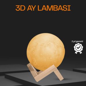 Ahşap Standlı 3D Baskı Ay Lambası 16 Renkli ve Şarjlı Uzaktan Kumandalı