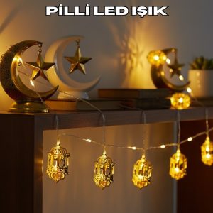 Ramazan Dekoru İçin Pilli LED Işık Altın Fener Tasarımlı