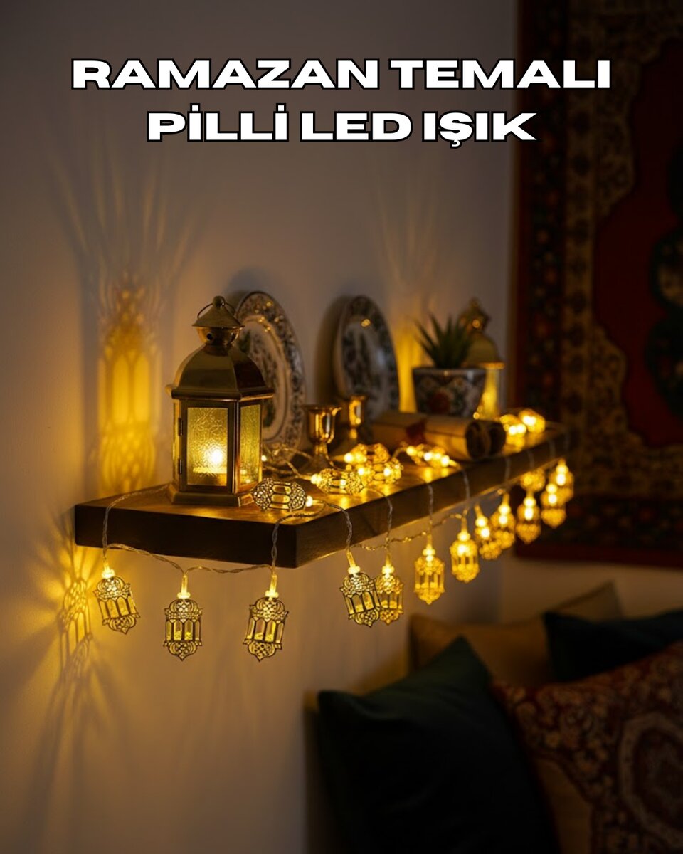 Pilli Altın Fenerli Ramazan Işıkları Dekoratif LED Zincir