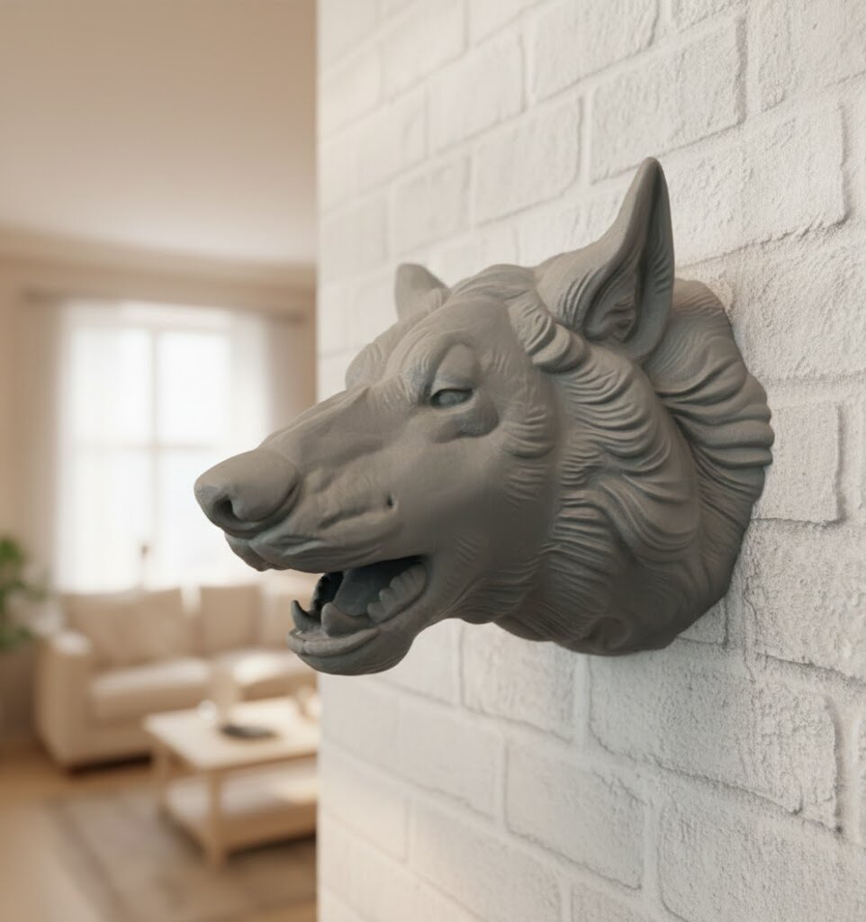 Asılabilir Gri Kurt Heykeli Ev Ofis Duvar Süslemesi Dekoratif