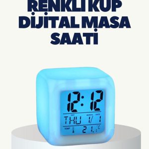 Termometre ve Takvim Özellikli 7 Renk Değiştiren Küp Alarm Saati