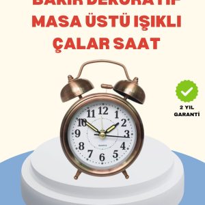 Metal Bronz Nostaljik Masa Saati Alarmlı Büyük Boy Sessiz Mekanizmalı