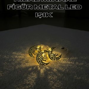 Gold Renk Metal Minareli Hilal LED Işık Pilli Ramazan Süsü