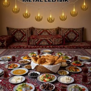 Pilli Minareli Hilal LED Işık Gold Metal Ramazan Dekorasyonu