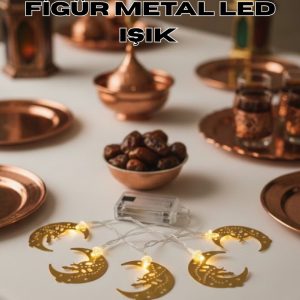 Minareli Hilal LED Işık Gold Metal Gövdeli Pilli Ramazan Dekoru