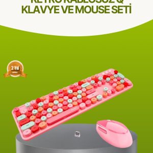 Bluetooth Retro Kablosuz Klavye ve Mouse Seti – 3 Cihaz Bağlantılı Sessiz Tuş Uzun Pil Ömrü