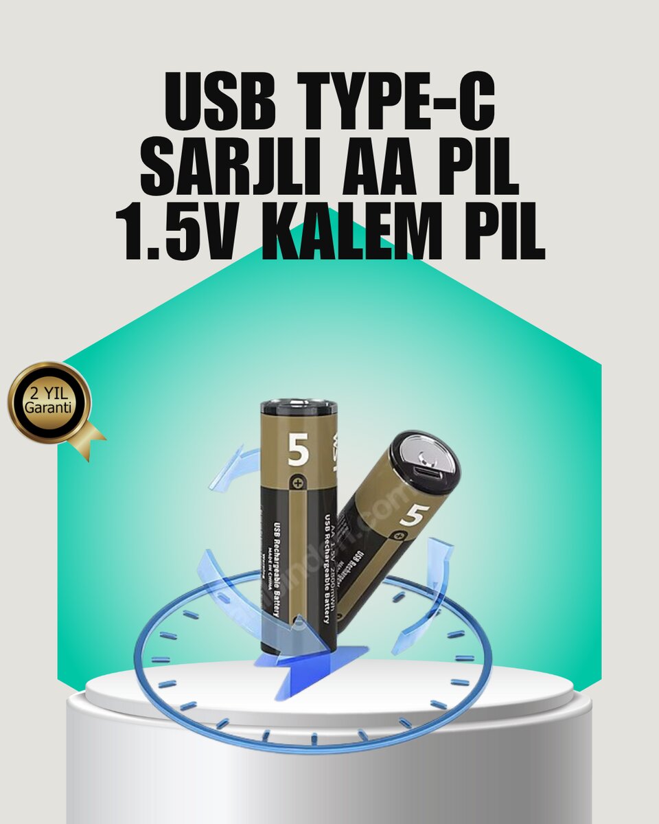 1.5V AA Şarjlı Lityum Pil | 1000+ Kez Şarj Edilebilir | Hızlı Type-C Şarj (2 Adet)