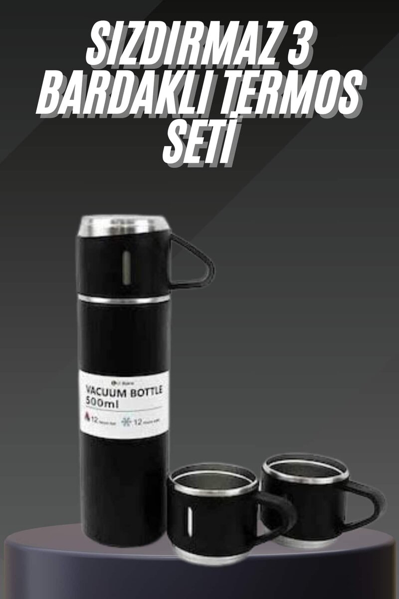 Termos Seti Paslanmaz Çelik 3 Bardaklı Vakumlu Termos Set 500 Ml 12 Saate Kadar Isı Koruma