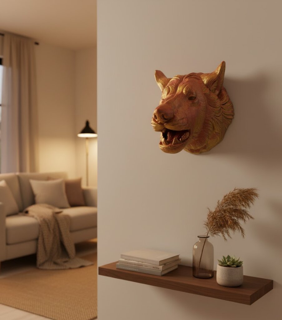 Dekoratif Altın Gold Kurt Duvar Heykeli Asılabilir Hediyelik 25x19 cm