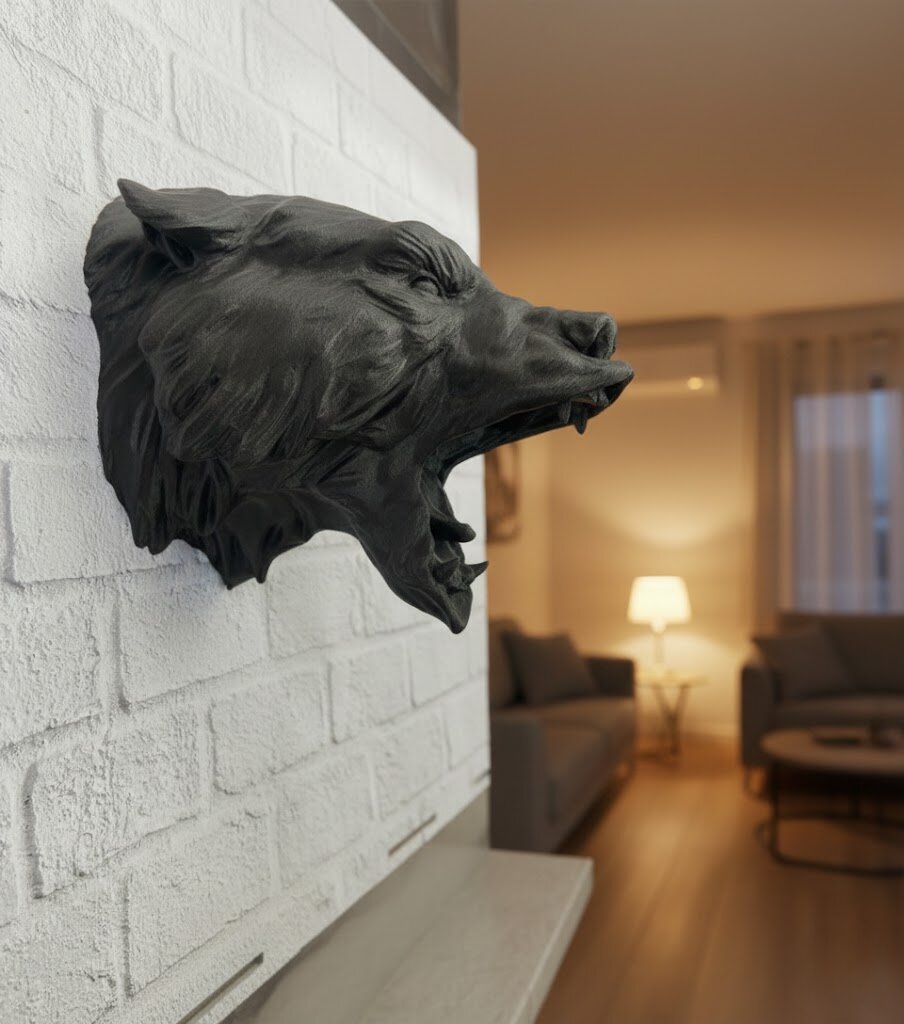 3D Siyah Ayı Başı Duvar Süsü Özel Tasarım Dekoratif Heykel 25x19 cm