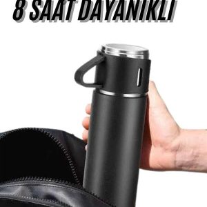 Termos Seti 3'lü Bardak Seti Isı Dayanıklı Siyah Paslanmaz Çelik Vakumlu