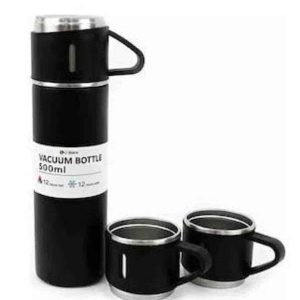 Termos Paslanmaz Çelik Termos Siyah Renk 3 Bardaklı Termos Seti