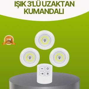 Uzaktan Kumandalı 3 Lü Kablosuz Led Spot Lamba Seti Yapışkanlı Pratik Kullanım