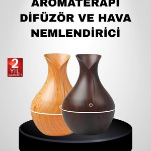 Aromaterapi Difüzör Ahşap Desenli ve Ultrasonik Nemlendirici LED Işıklı