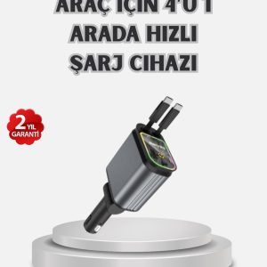 Araç Şarj Cihazı 4 Portlu 66W Hızlı Şarjlı LED Işıklı ve 180° Dönebilir