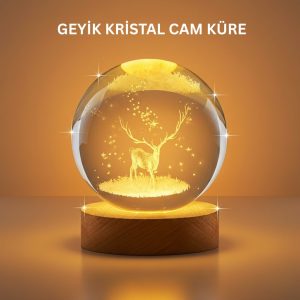3D Geyik Desenli Kristal Küre USB Işıklı Ahşap Tabanlı Oda Lambası