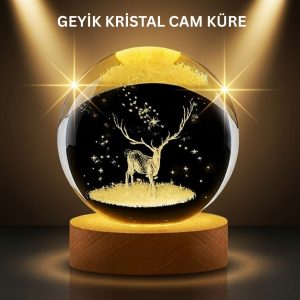 LED Işıklı Geyikli Kristal Küre Ahşap Standlı Modern Dekor Lamba