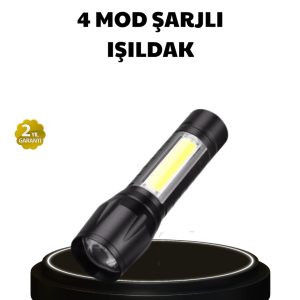 4 Mod Şarjlı Işıldak | Ultra Güçlü Cree LED | Su Geçirmez Alüminyum Gövde