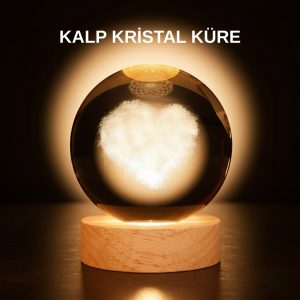 Romantik Kalpli Kristal Cam Küre USB’li Işıklı Dekoratif Obje