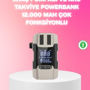 Araç Hava Pompası ve Akü Takviye Powerbank 12.000 mAh Çok Fonksiyonlu
