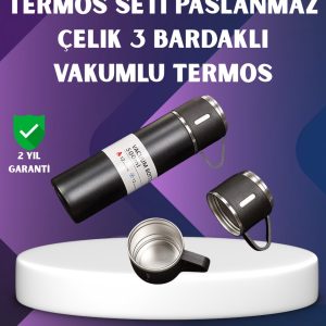 Paslanmaz Termos ve İkili Bardak Seti | 6-12 Saat Sıcak/Soğuk Tutma