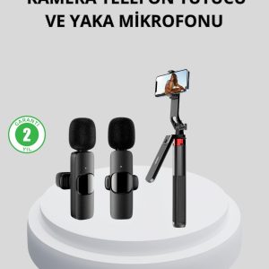 Kablosuz Çift Yaka Mikrofonu ve Tripodlu Selfie Çubuğu İçerik Üretici Seti