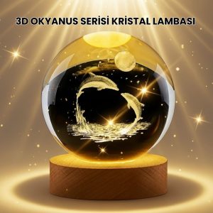 Lazer İşlemeli Yunus Kristal Küre Sıcak Işıklı Ahşap Standlı