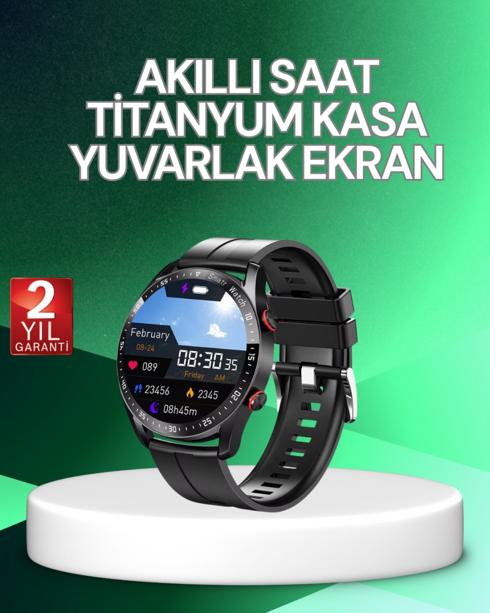 Akıllı Saat Titanyum Kasa Yuvarlak Ekran Alarm Uyku ve Sağlık Takibi Titreşimli