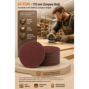 12 ADET 60 KUM Yuvarlak Cırtlı Zımpara Diski 115 mm Deliksiz Zımpara Kağıdı 723215