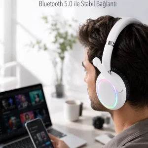 RGB Işıklı Mikrofonlu Bluetooth Kulaklık Beyaz Over-Ear Tasarım Type-C Şarjlı
